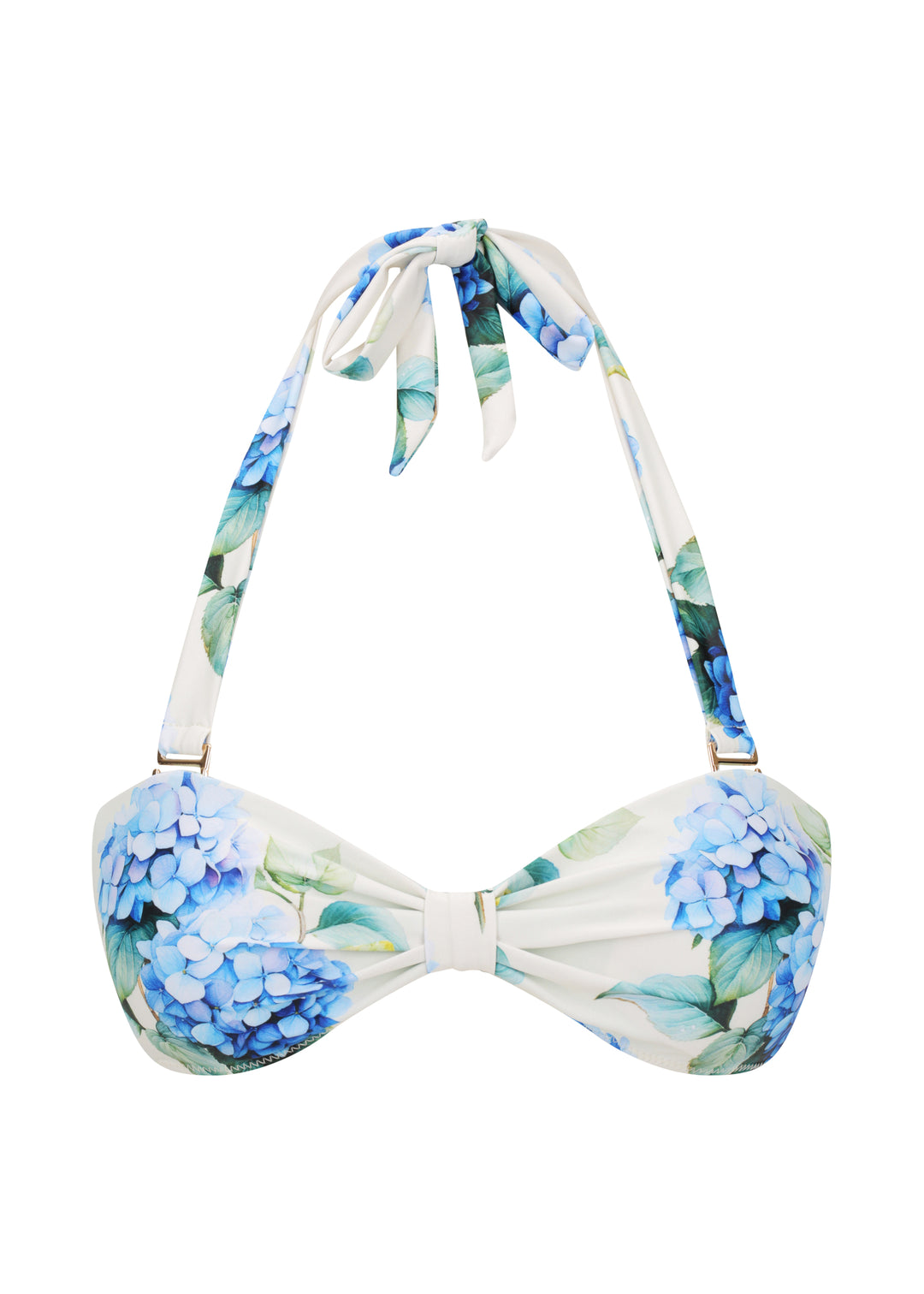 White Fleurs Duo Top in vibrant blue hydrangea floral print with green leaves, with halter neck style with ties and a gathered center, against a white backdrop.