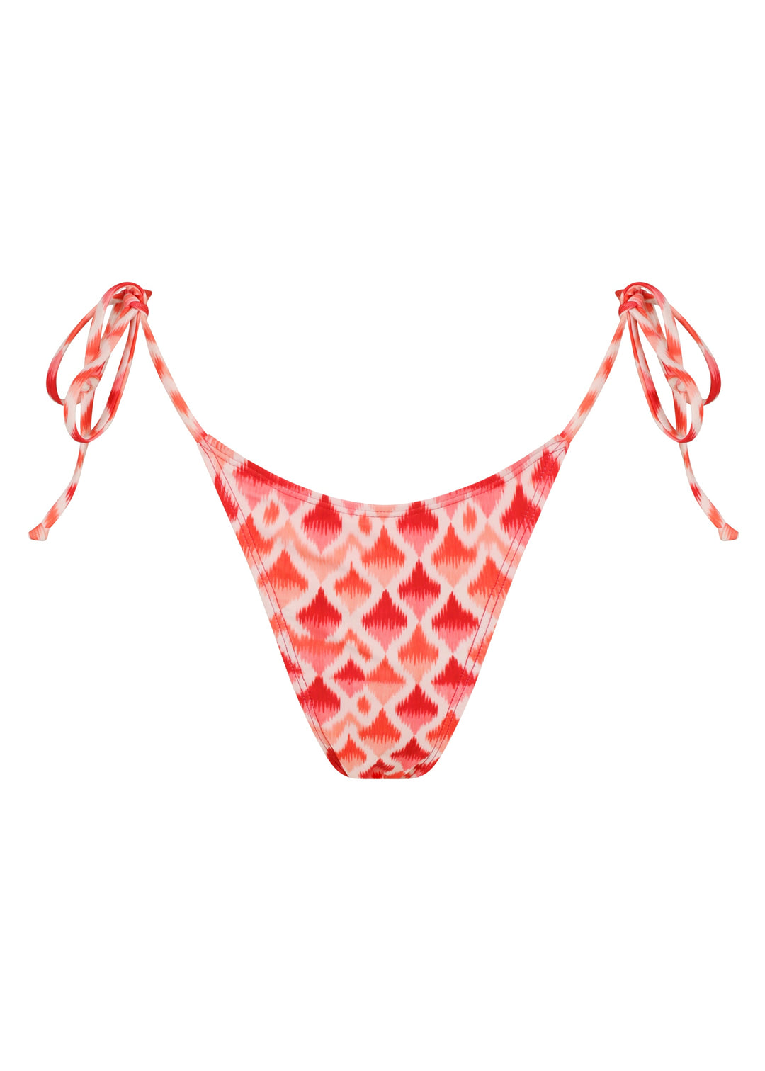 Juicy Classic Bottoms with red and white ikat-pattern bikini bottom with high-cut sides, adjustable hip ties, cheeky coverage on white backdrop.
