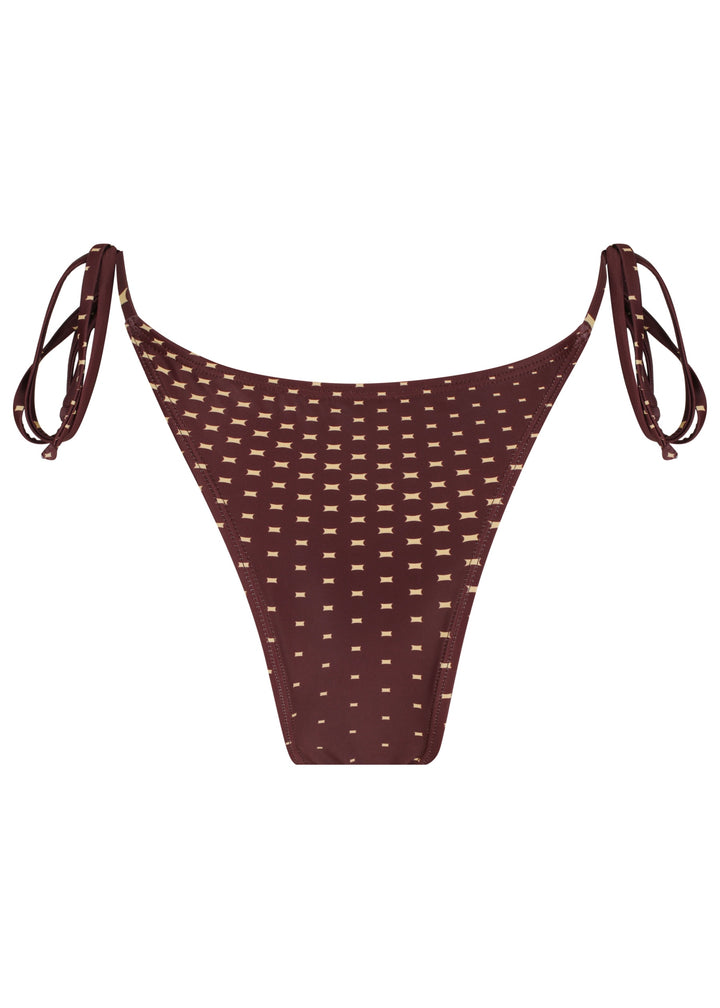Back view of dark brown Isla Classic Bottoms with a pattern of small beige four-pointed stars, classic triangle style with ties on the hips, cheeky coverage, against a white backdrop.