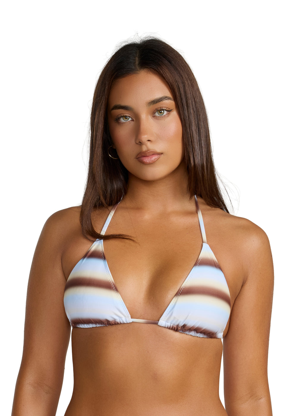 Woman with long black hair wearing a Calypso Top triangle halter style with adjustable neck and back ties with horizontal blue, brown and white stripes design against a plain white backdrop, shown from head to upper midsection on a white backdrop.