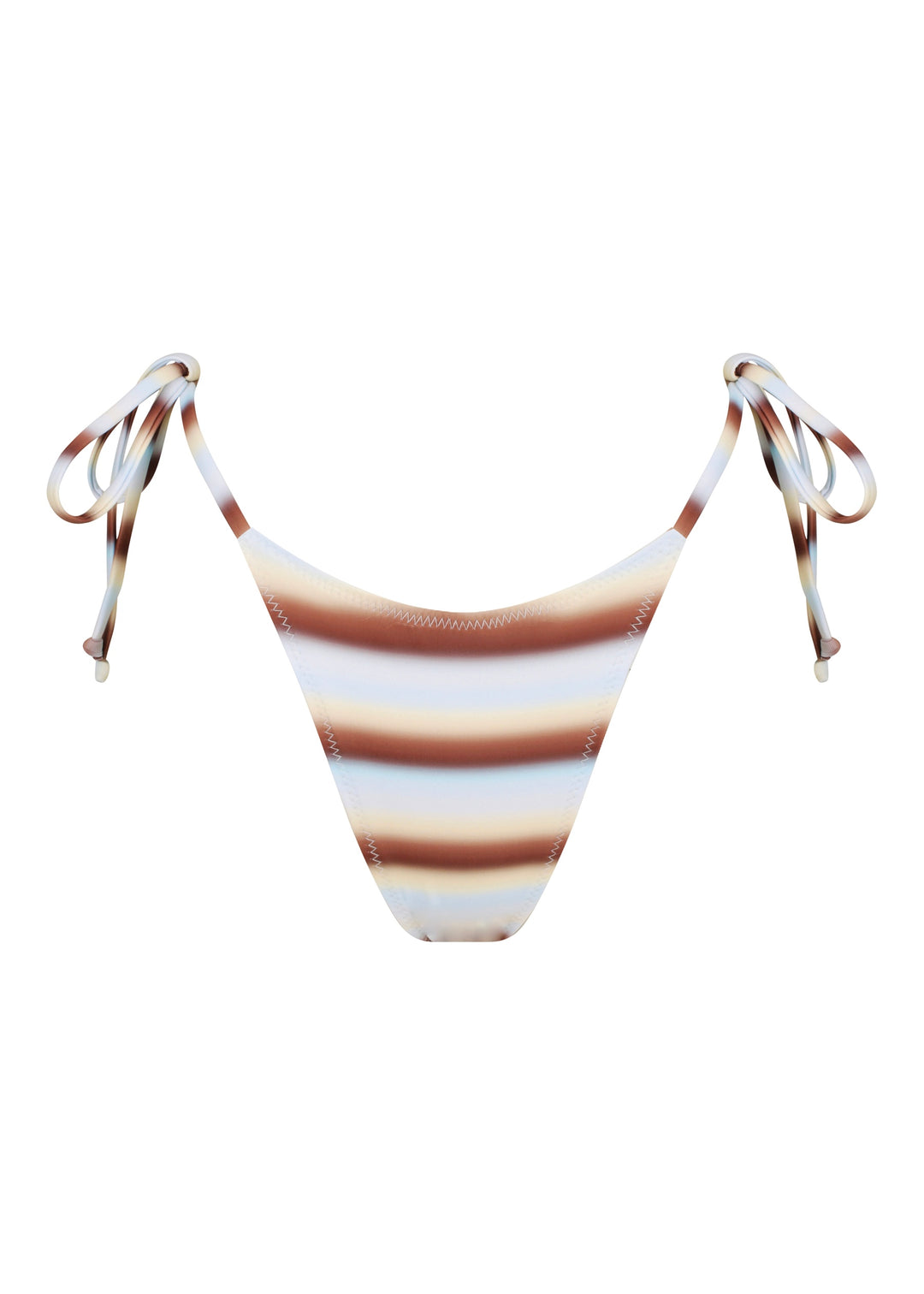 Front view of Calypso Classic Bottoms in classic triangle style with ties with horizontal blue, brown and white stripes design against a plain white backdrop, cheeky coverage.
