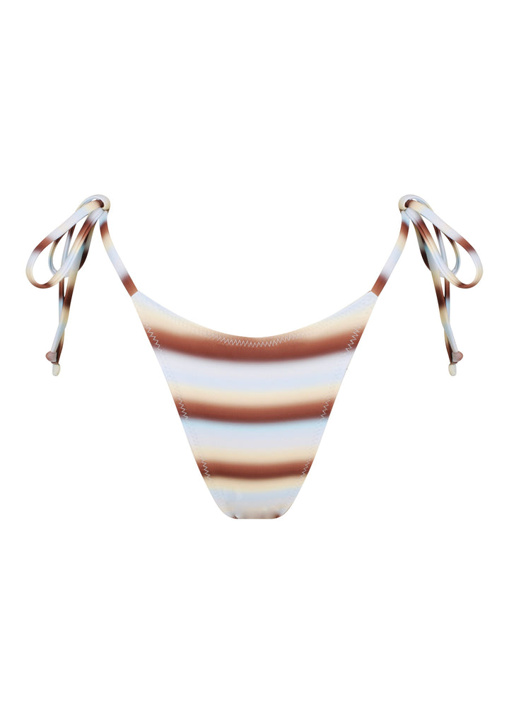 Front view of Calypso Classic Bottoms in classic triangle style with ties with horizontal blue, brown and white stripes design against a plain white backdrop, cheeky coverage.
