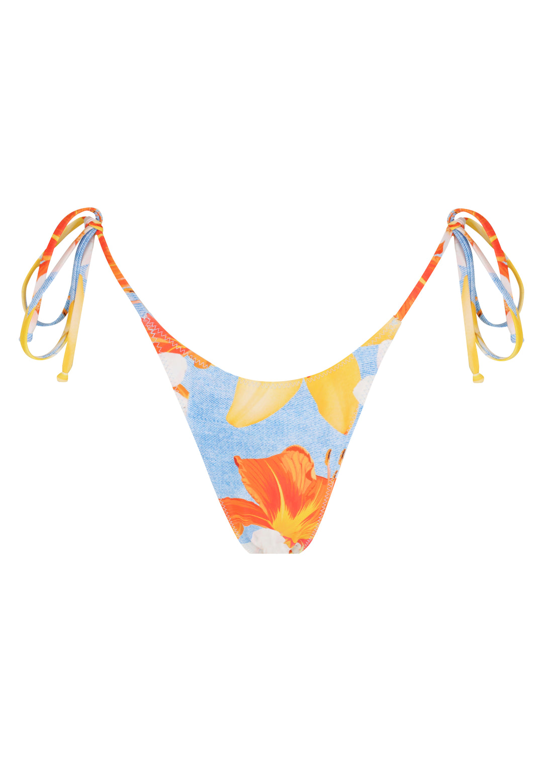 Firenze Classic Bottoms in classic triangle style with ties on the hips with colorful orange floral and blue pattern, cheeky coverage.
