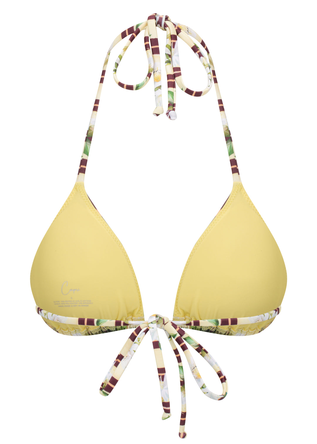 Passiontini Top classic triangle halter inner view with yellowish beige cloth cups, Capri Swim logo on left cup, adjustable neck and back ties, in tropical passionfruit and floral print with yellow passionfruit halves, green leaves, and cream background.  
