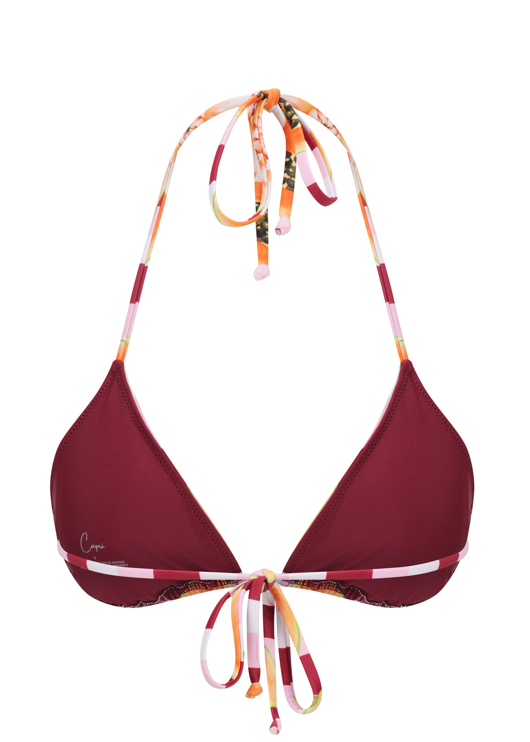 Dolce Vita Top triangle halter inner view with maroon cloth cups, Capri Swim logo on left cup, adjustable neck and back ties, horizontal blue, brown, and white stripes design on ties on a white backdrop.