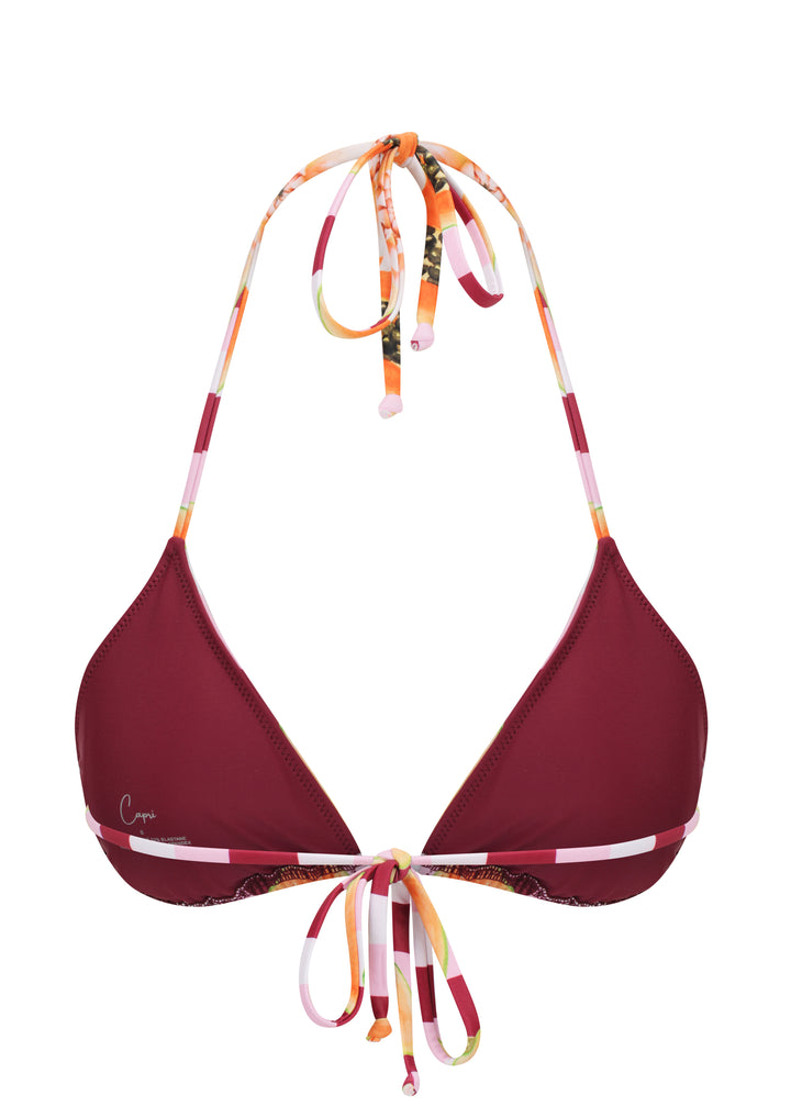 Dolce Vita Top triangle halter inner view with maroon cloth cups, Capri Swim logo on left cup, adjustable neck and back ties, horizontal blue, brown, and white stripes design on ties on a white backdrop.