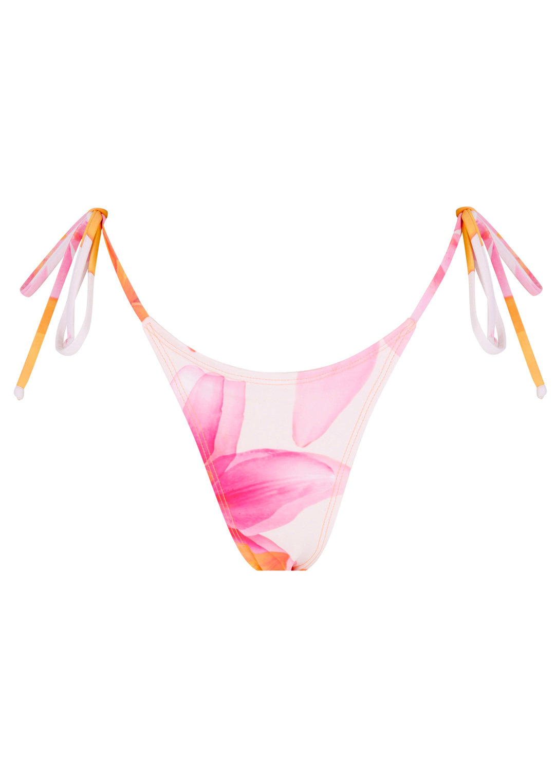 Lily Classic Bottoms classic triangle style with adjustable ties on hips in pink floral pattern and orange accents and side ties in orange and white.