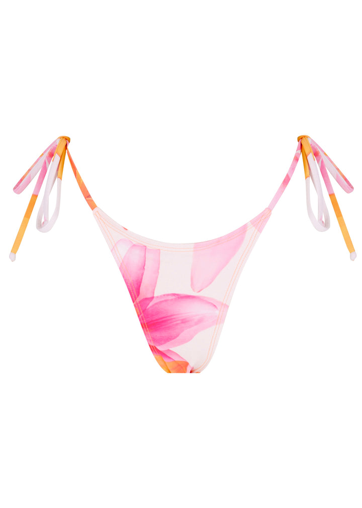 Lily Classic Bottoms classic triangle style with adjustable ties on hips in pink floral pattern and orange accents and side ties in orange and white.
