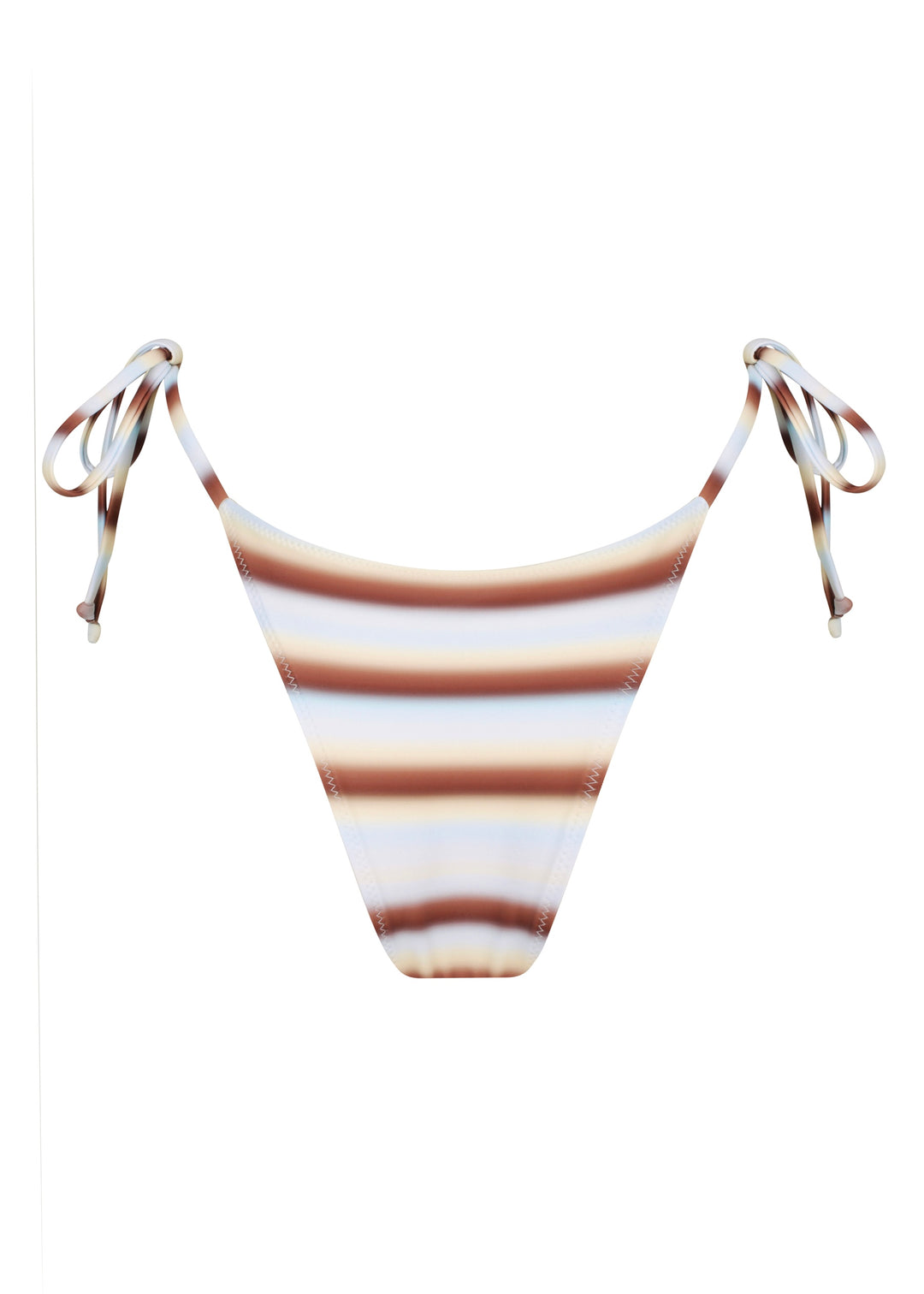 Back view of Calypso Classic Bottoms in classic triangle style with ties with horizontal blue, brown and white stripes design, cheeky coverage, against a plain white backdrop.
