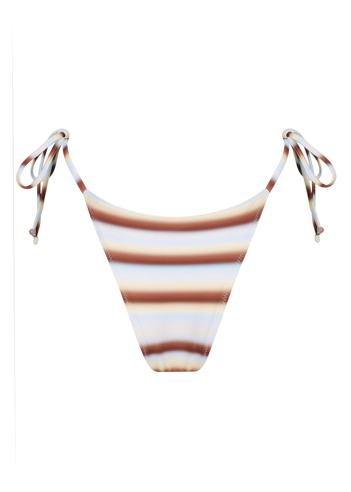 Back view of Calypso Classic Bottoms in classic triangle style with ties with horizontal blue, brown and white stripes design, cheeky coverage, against a plain white backdrop.
