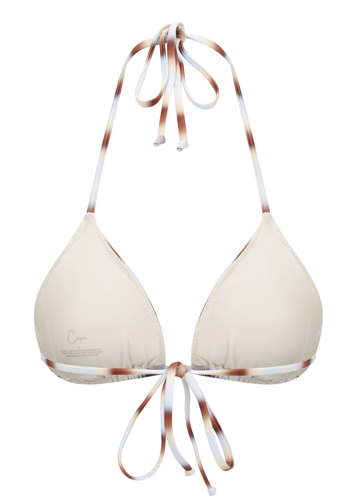 Calypso Top triangle halter inner view with white cloth cups, Capri Swim logo on left cup, adjustable neck and back ties, horizontal blue, brown, and white stripes on a white backdrop.
