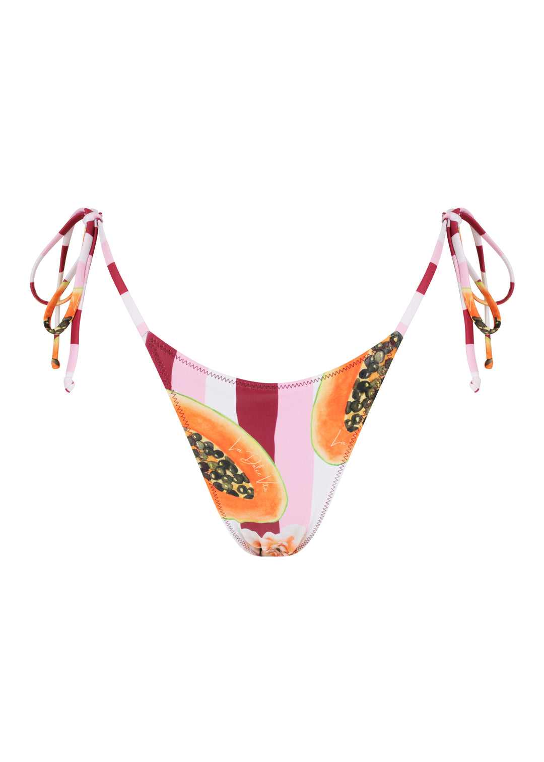 Women's Dolce Vita Classic Bottoms triangle style with ties on sides in bold red and white vertical stripes, featuring vibrant sliced papaya illustrations and a small flower accent below, cheeky coverage, against a plain white backdrop.