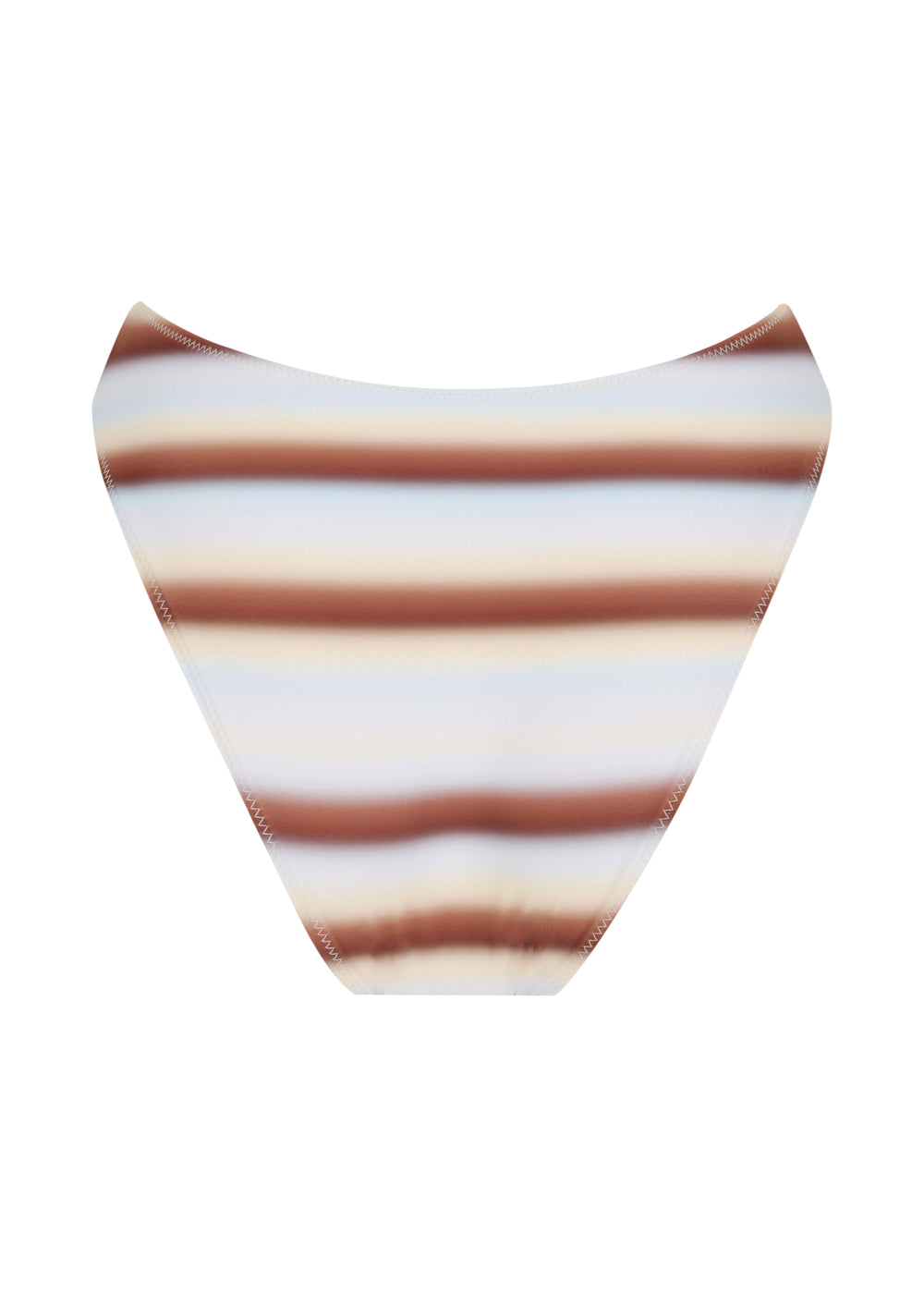 Back view of V-shaped Calypso Midi bikini Bottoms with horizontal blue, brown and white stripes on a white background.