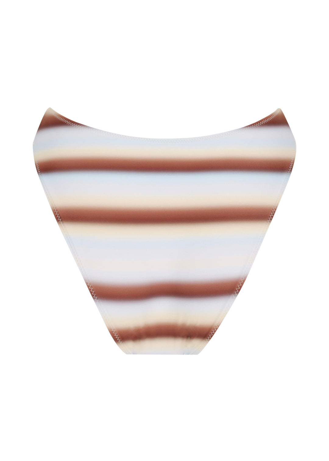 Back view of V-shaped Calypso Midi bikini Bottoms with horizontal blue, brown and white stripes on a white background.