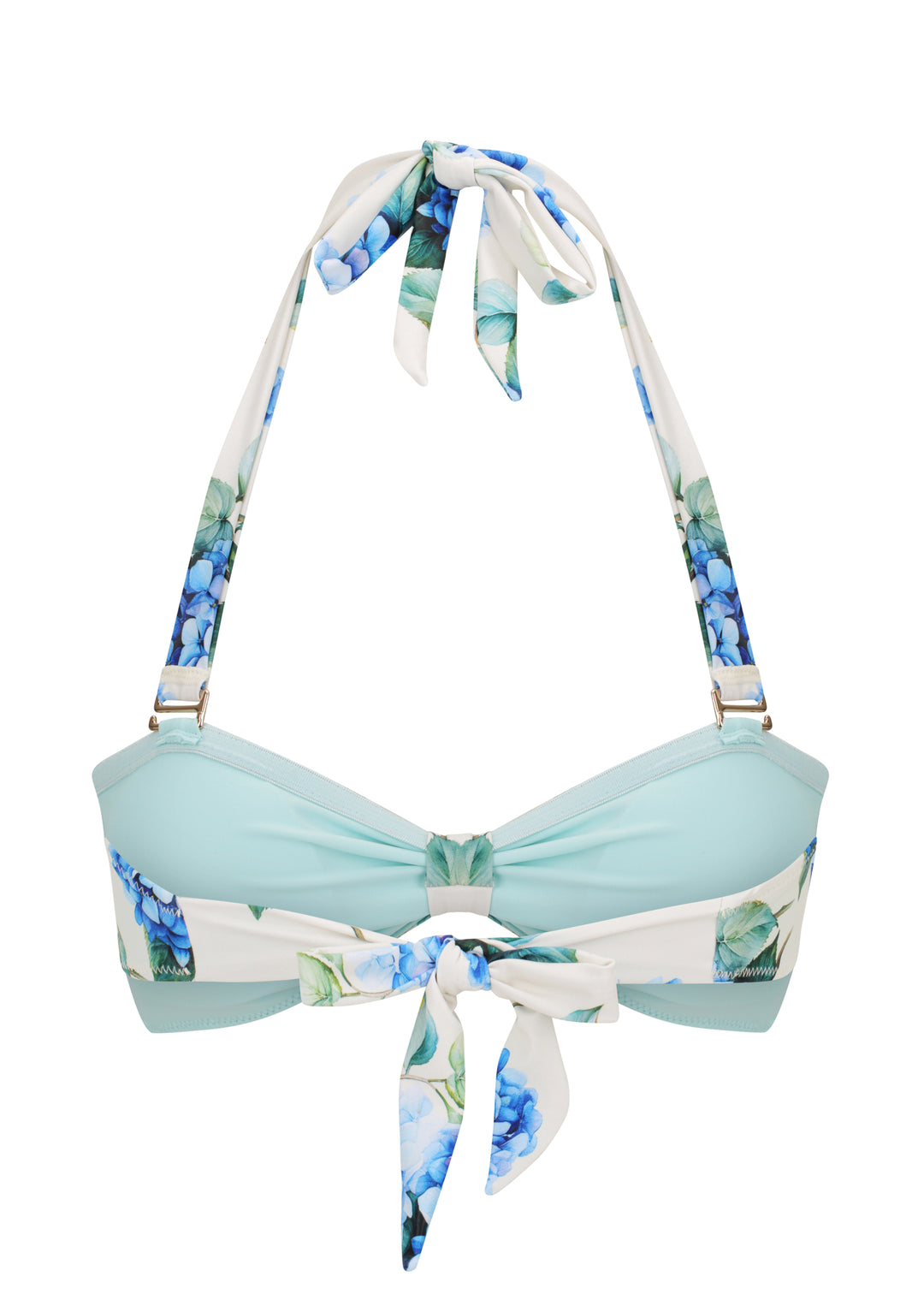 Back view of White Fleurs Duo Top in vibrant blue hydrangea floral print with green leaves, with halter neck style with ties and tie up back and a gathered center, light blue inner cloth against a white backdrop.
