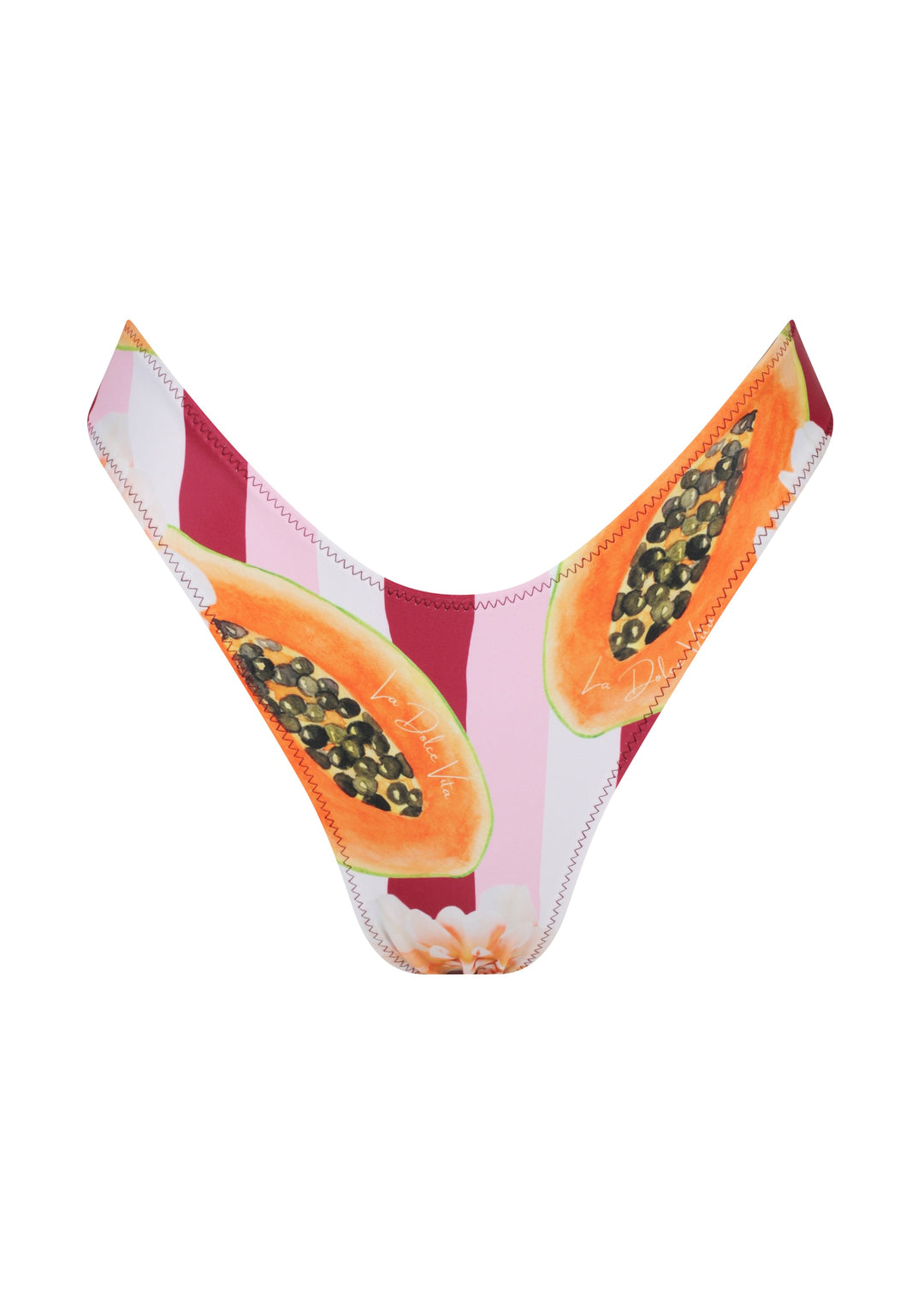 Front view of women's Dolce Vita Midi Bottoms bikini bottom V-shaped, mid-coverage with bold red and white vertical stripes, featuring vibrant tropical sliced papaya print and a small flower accent below, against a plain white backdrop.