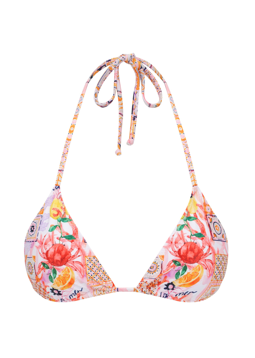 Colorful La Mer Top in classic triangle halter style with adjustable neck and back ties with a vibrant patchwork of floral and geometric patterns, including fruits, flowers, tiles, and "la mer" wordings on pink background, with removable padding, on a white backdrop. 
