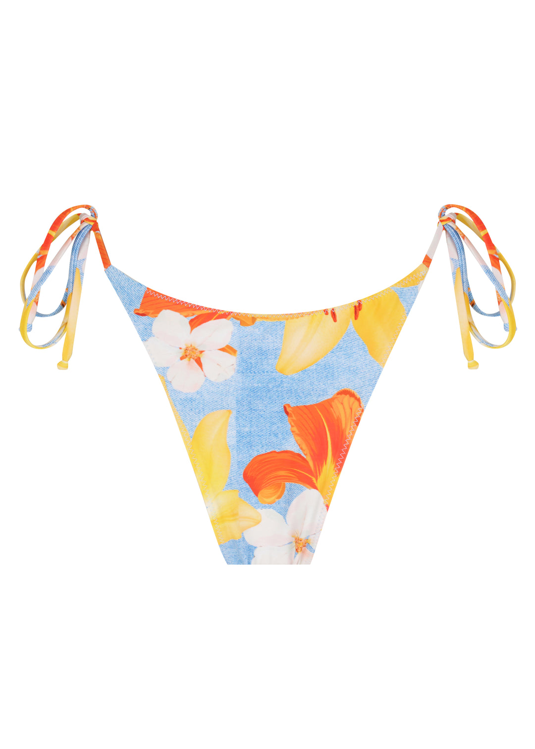 Back view of  Firenze Classic Bottoms in classic triangle style with ties on the hips with colorful orange floral and blue pattern, cheeky coverage.