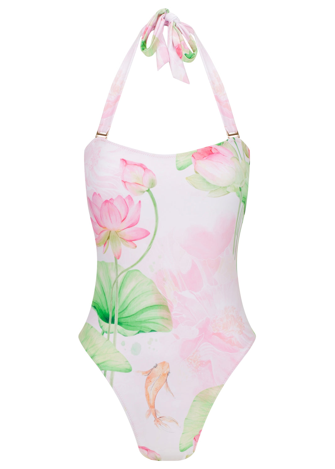 Front view of Koïa One Piece swimsuit with light orange koi fish and soft pink and green lotus flower print on a white backdrop. Halter neck strap tied in a bow.