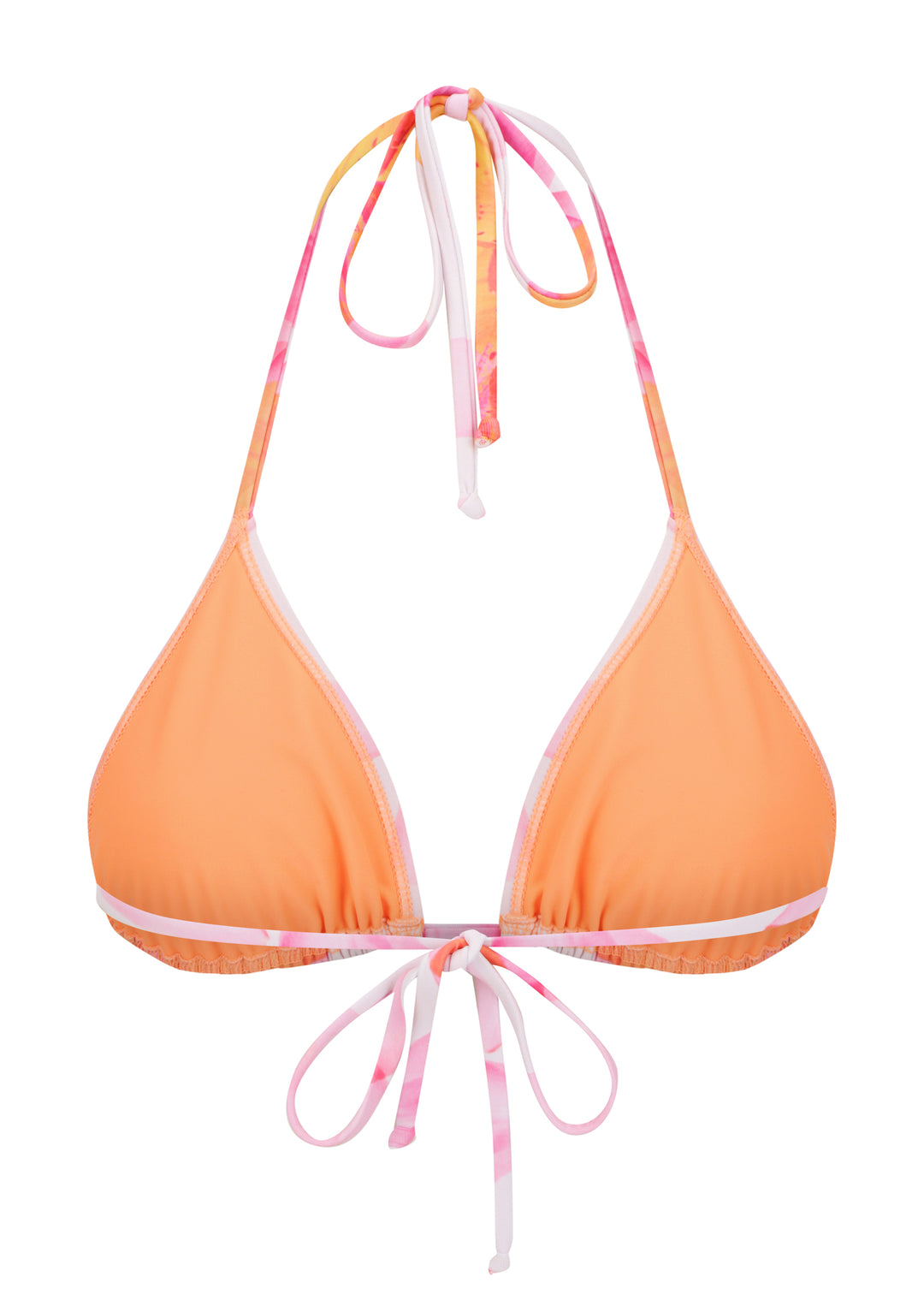 White Lily Top bikini top triangle halter inner view with orange cloth cups, with floral Lily print and orange floral patterns on soft pink base, halter-style straps are tied at the top on a white backdrop.

