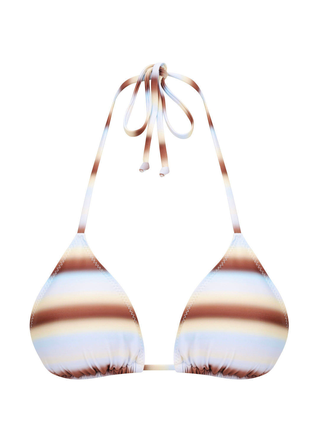 Front view of Calypso Top triangle halter style with adjustable neck and back ties with horizontal blue, brown and white stripes design against a plain white backdrop.
