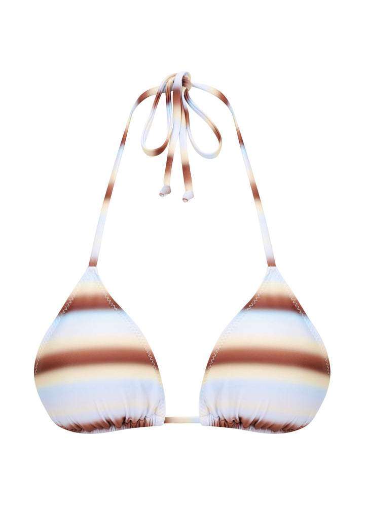 Front view of Calypso Top triangle halter style with adjustable neck and back ties with horizontal blue, brown and white stripes design against a plain white backdrop.
