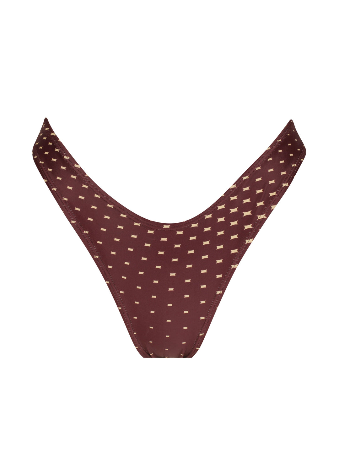 Dark brown Isla Midi Bottoms with a pattern of small beige four-pointed stars, mid-coverage and V shaping at the front against a white backdrop.
