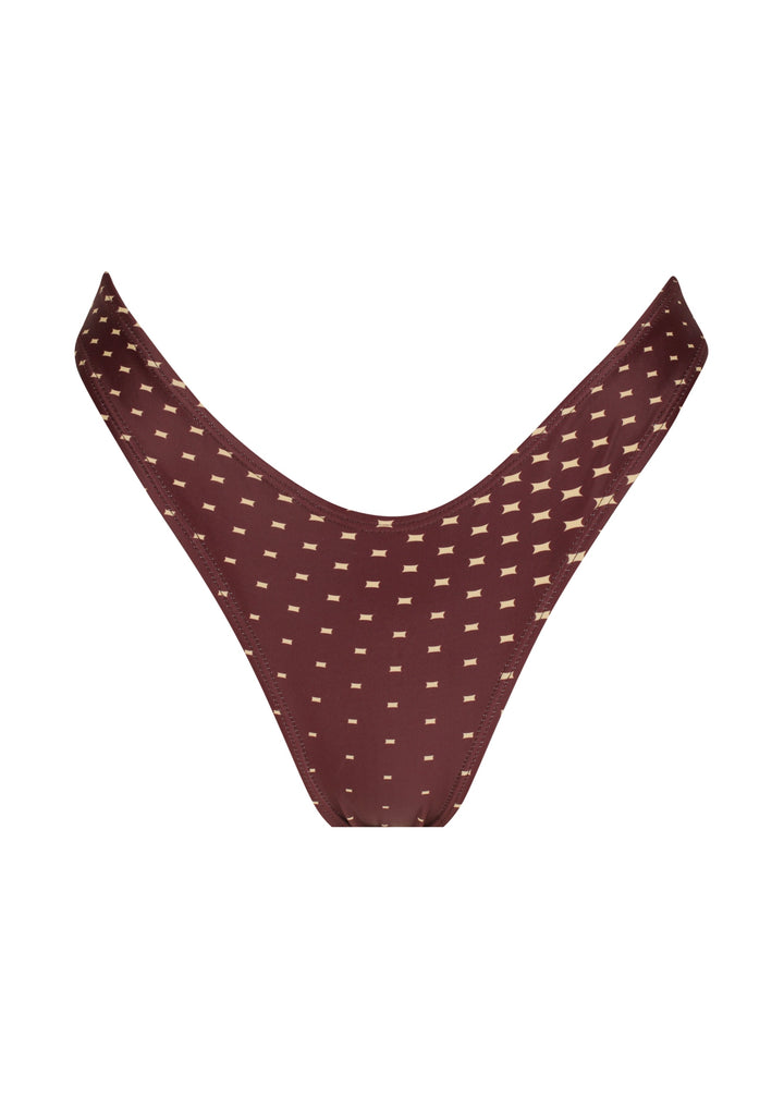 Dark brown Isla Midi Bottoms with a pattern of small beige four-pointed stars, mid-coverage and V shaping at the front against a white backdrop.
