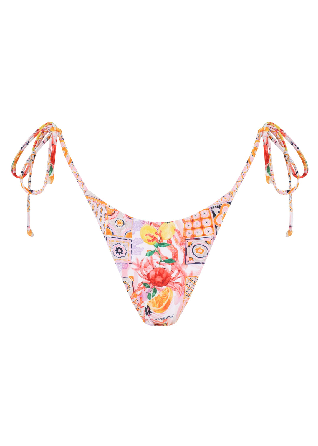Colorful La Mer Classic Bottoms in classic triangle style with ties with a vibrant patchwork of floral and geometric patterns, including fruits, flowers, and tiles, on a white backdrop. 
