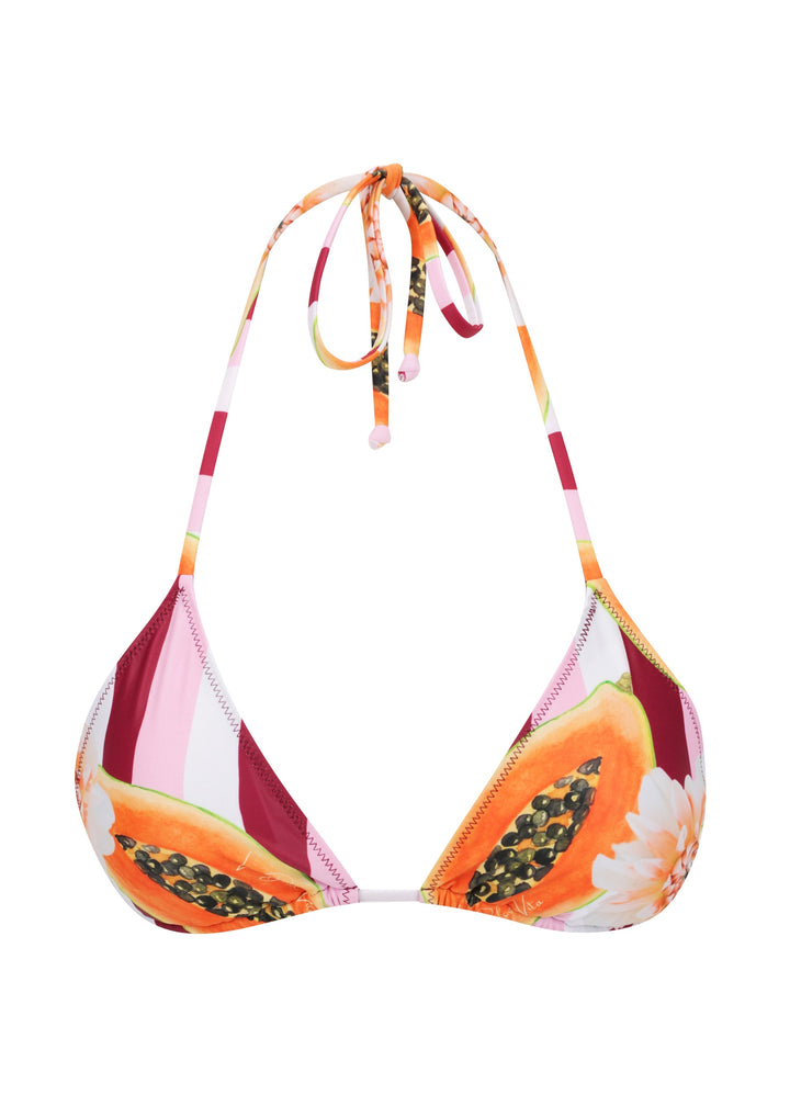 Front view of Dolce Vita Top triangle halter style with adjustable neck and back ties in bold red and white vertical stripes, featuring vibrant sliced papaya illustrations and a small flower accents on both sides, against a plain white backdrop.