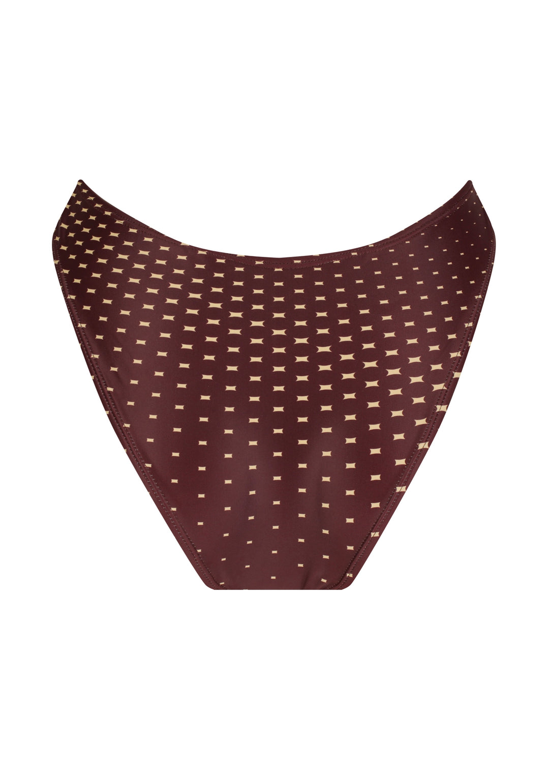 Back part of dark brown Isla Midi Bottoms with a pattern of small beige four-pointed stars, mid-coverage and V shaping at the front against a white backdrop.
