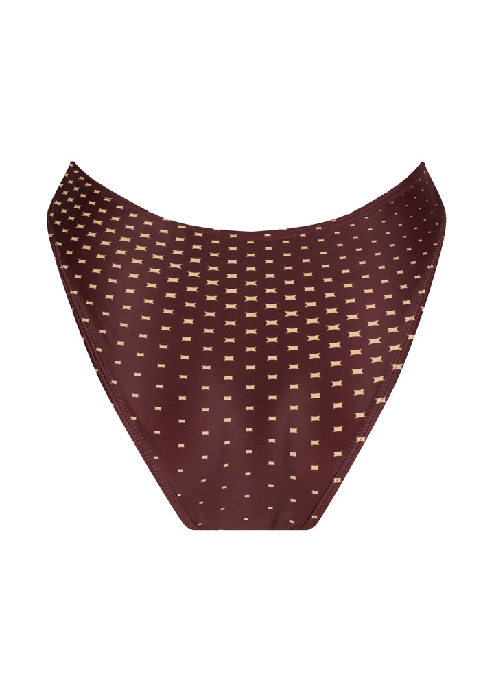 Back part of dark brown Isla Midi Bottoms with a pattern of small beige four-pointed stars, mid-coverage and V shaping at the front against a white backdrop.
