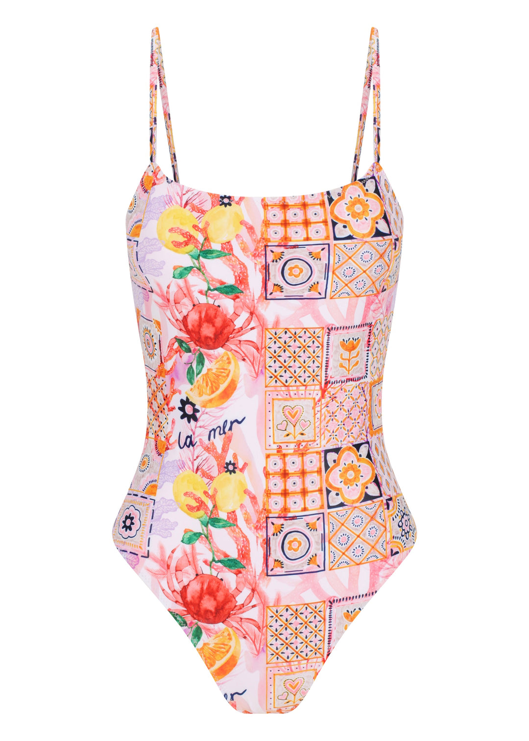 Colorful La Mer One Piece swimsuit with thin straps, featuring a vibrant patchwork of floral and geometric patterns, including fruits, flowers, tiles, and the word "la mer" on a pink background, non-padded style on a white backdrop.