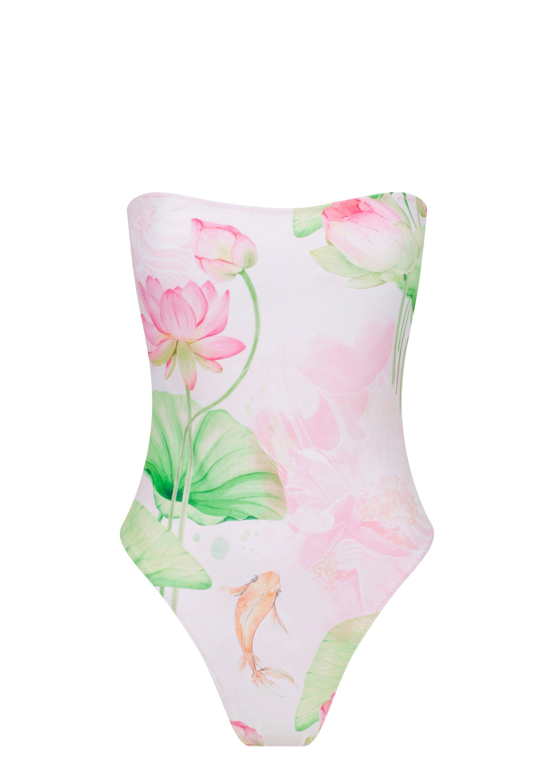 Front view of Koïa One Piece swimsuit bandeau style with light orange koi fish and soft pink and green lotus flower prints on a white backdrop. 