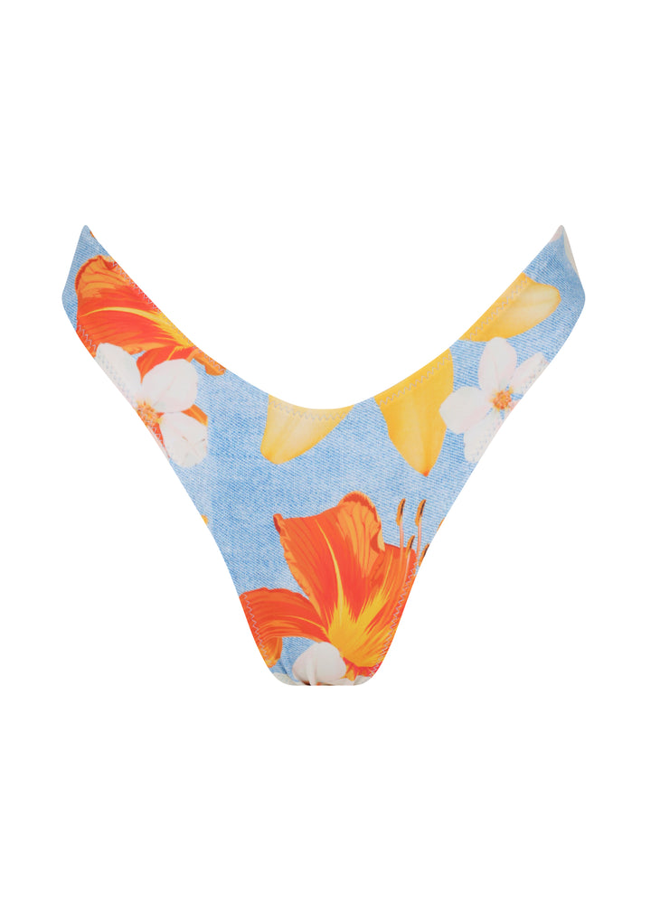 Front view of Firenze Midi Bottoms, V shaped, mid-coverage in floral bikini bottom with vibrant orange and yellow flowers on a light blue background, displayed against a plain white backdrop.