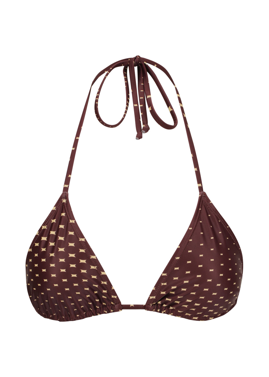 Dark brown Isla Top classic triangle halter style top with adjustable ties with a pattern of small beige four-pointed stars against a white backdrop.
