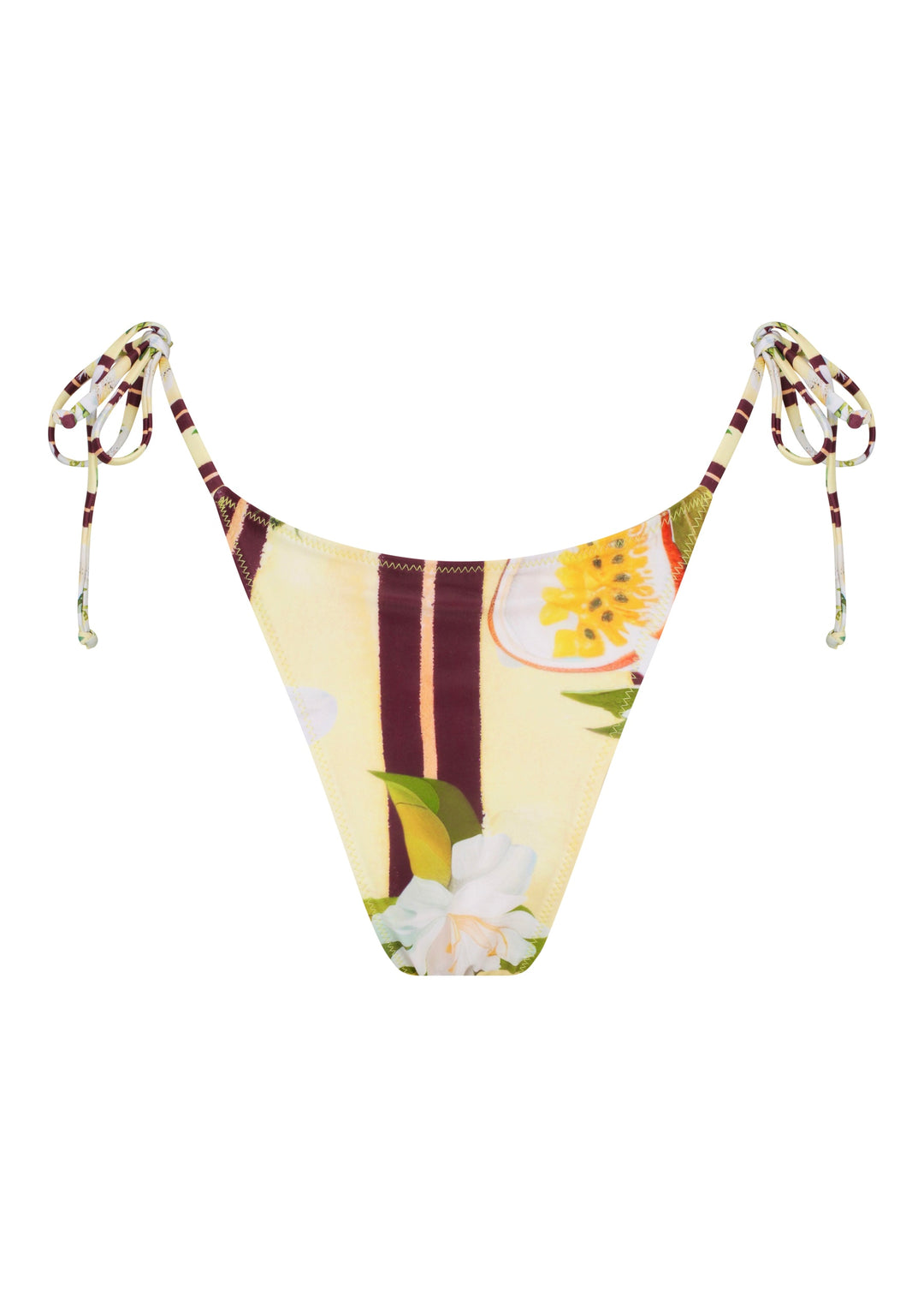 Back view of Passiontini Classic Bottoms classic triangle style with ties on the hips in tropical passionfruit and floral print with yellow passionfruit halves, green leaves, and cream background.