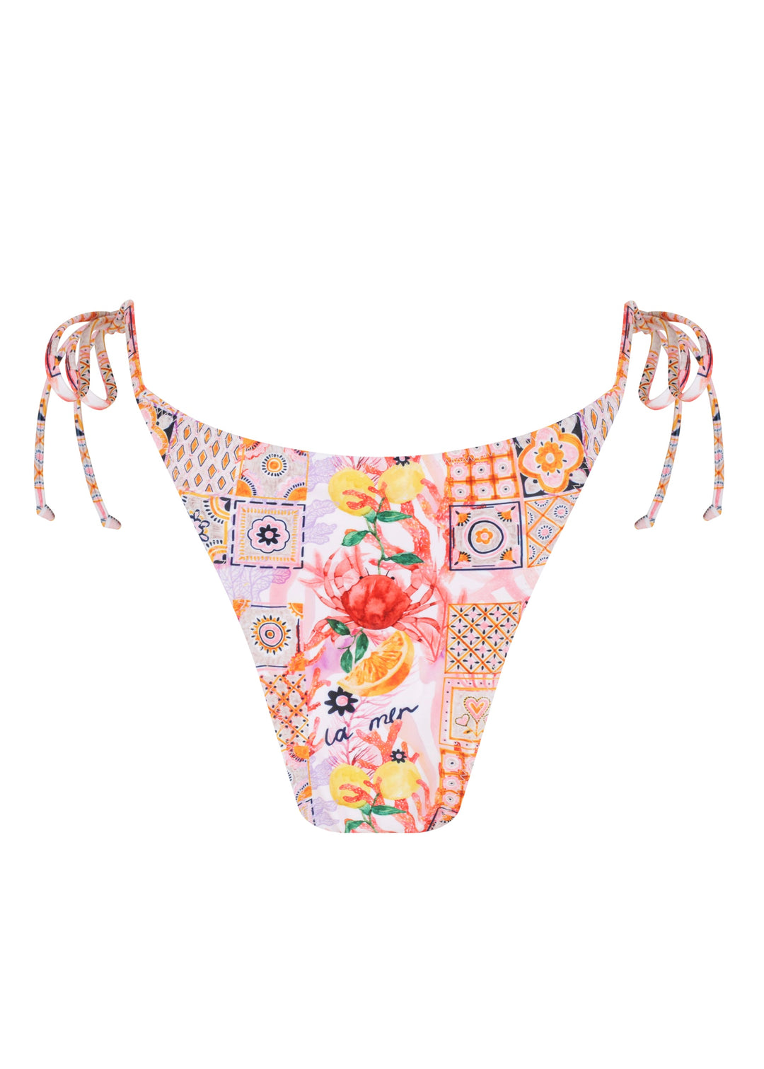 Back of colorful La Mer Classic Bottoms in classic triangle style with side ties with a vibrant patchwork of floral and geometric patterns, including fruits, flowers, tiles, and the word "la mer" on pink background, cheeky coverage, on a white backdrop. 
