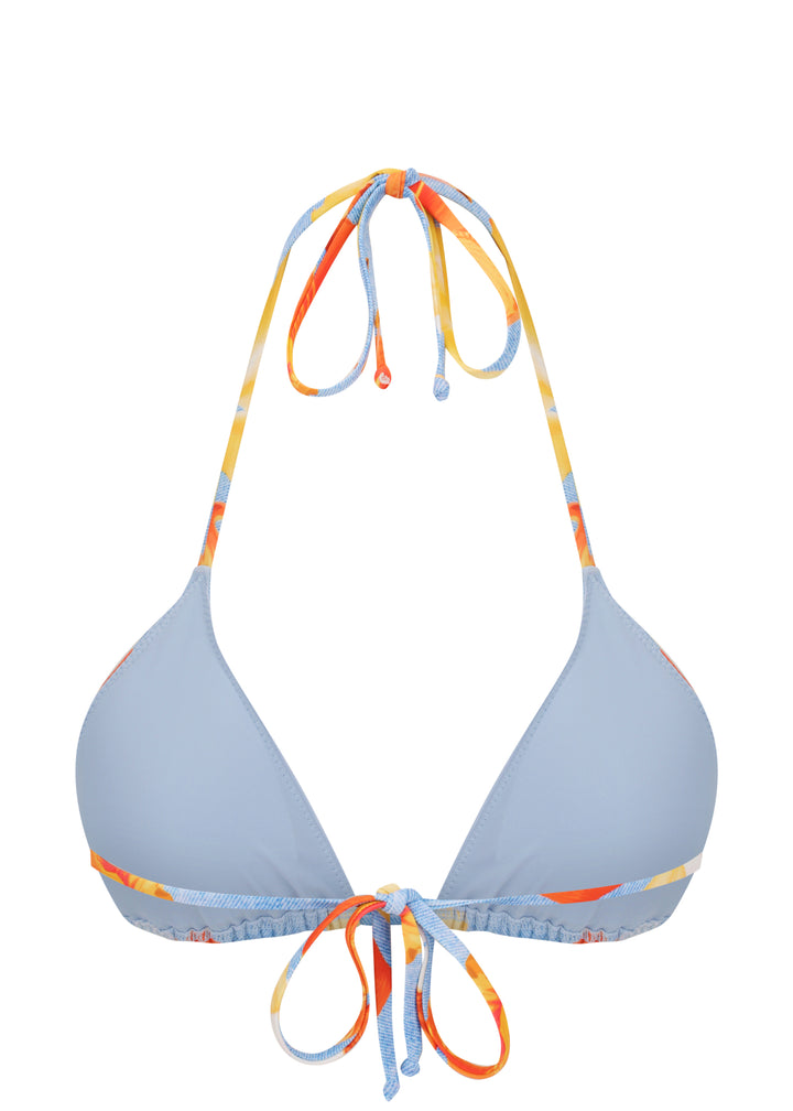 Firenze Top classic triangle style bikini top in colorful orange floral and blue pattern with light blue cloth cups, adjustable neck and back ties, in white backdrop.
