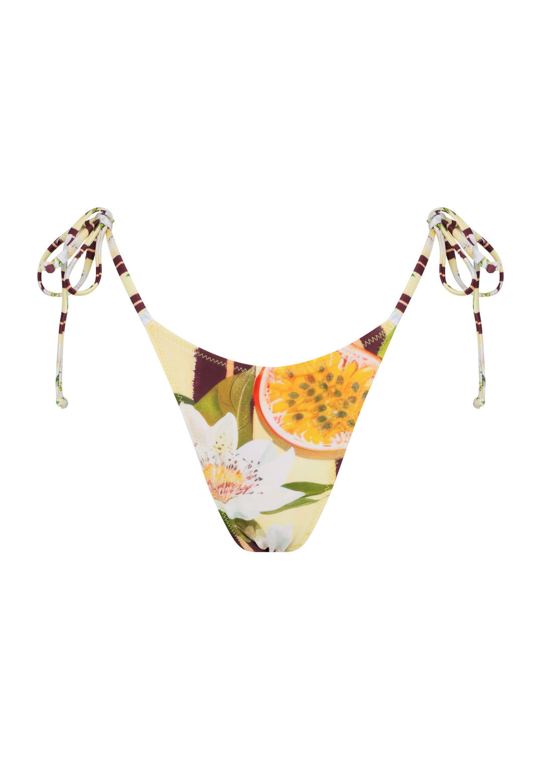 Front view of Passiontini Classic Bottoms classic triangle style with ties on the hips, in tropical passionfruit and floral print with yellow passionfruit halves, green leaves, and cream background. Cheeky coverage.
