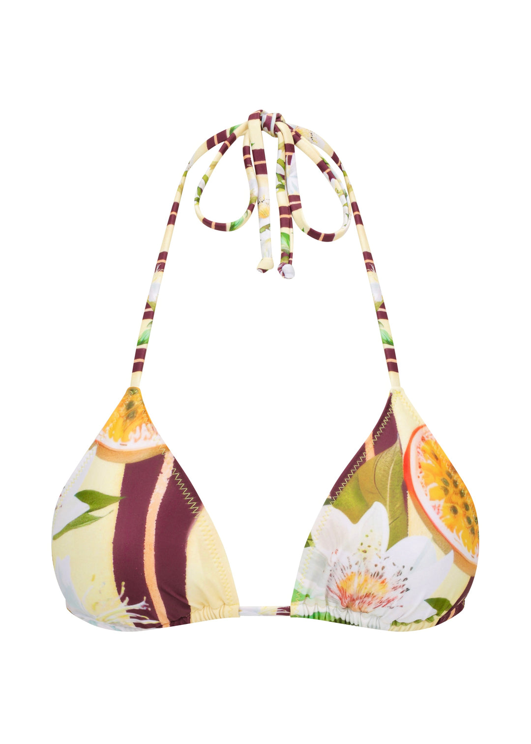 Front view of Passiontini Top classic triangle style bikini top with neck and back ties, in tropical passionfruit and floral print with yellow passionfruit halves, green leaves, and cream background.  
