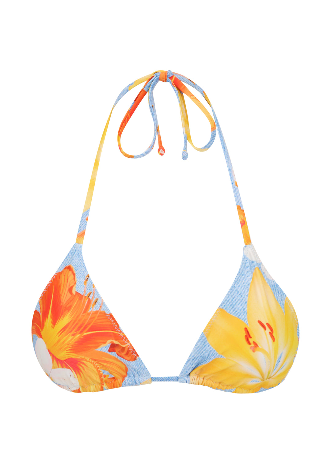 Firenze Top classic triangle halter style with adjustable neck and back ties in colorful orange floral and blue pattern.