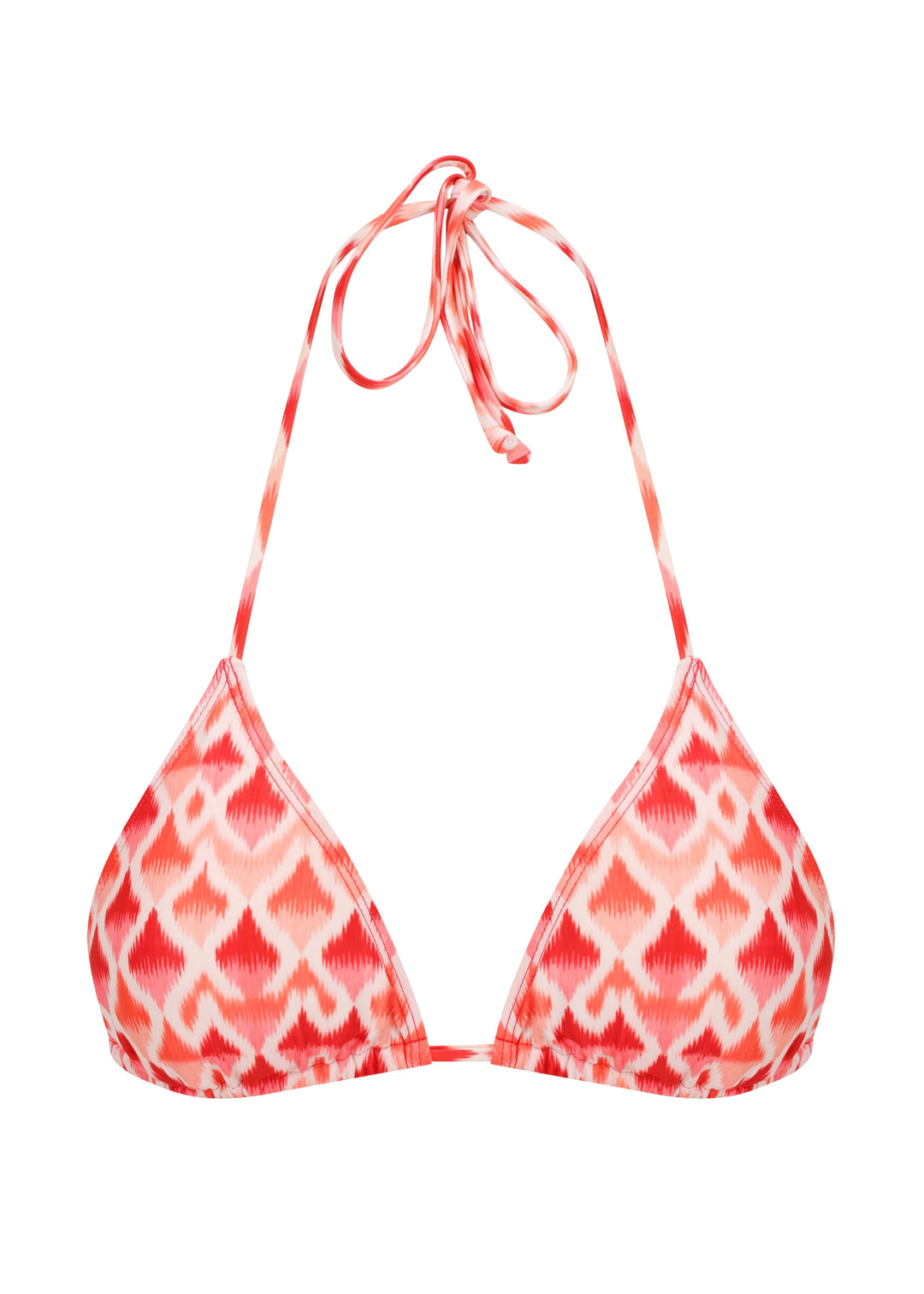 Juicy Top bikini top in classic triangle style with adjustable neck and back ties with red and white ikat-pattern against a white backdrop.
