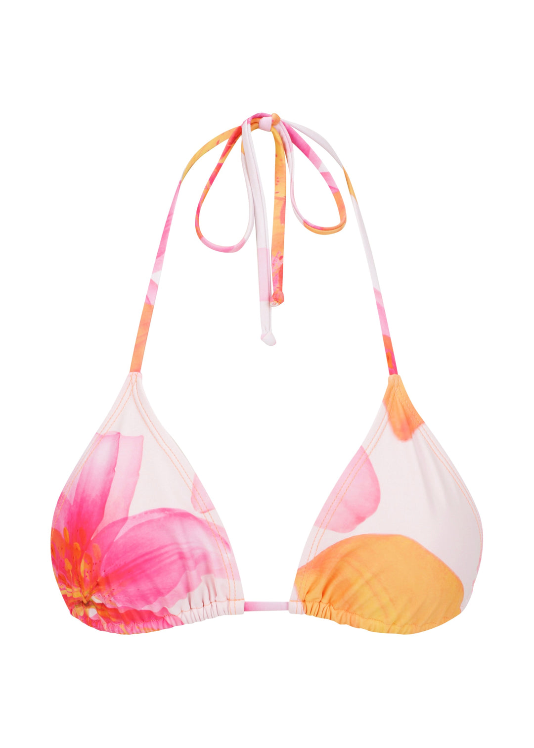 White Lily Top bikini top with floral Lily print and orange floral patterns on soft pink base, halter-style straps are tied at the top.
