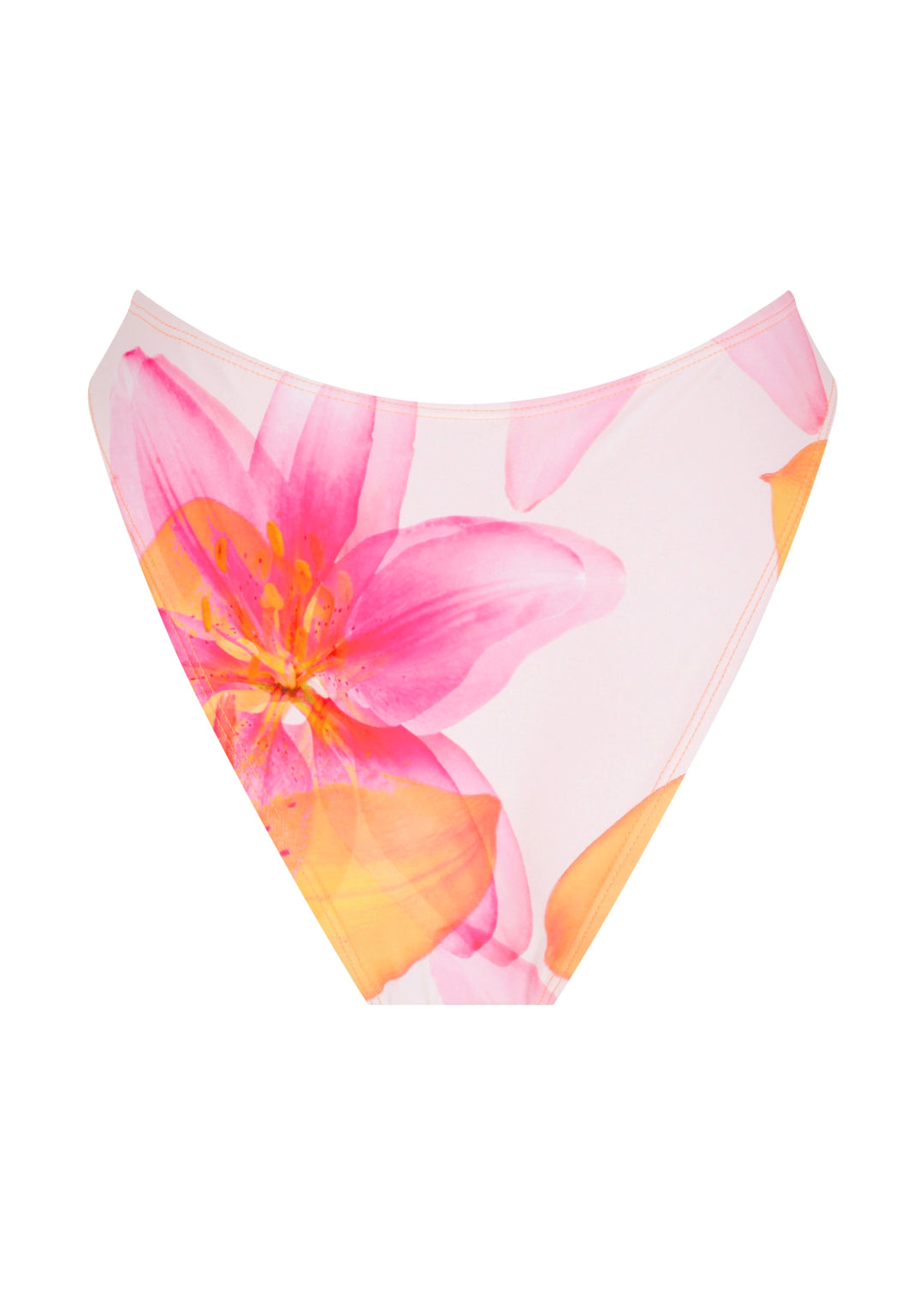 Back of Lily Midi Bottoms in vibrant pink floral pattern on a light background mid-coverage bottoms against a white backdrop.
