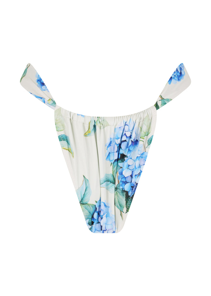 Back view of White Fleurs Ruched Bottoms in vibrant blue hydrangea floral print with green leaves, with adjustable ruching for a cheeky fit and cheeky coverage.