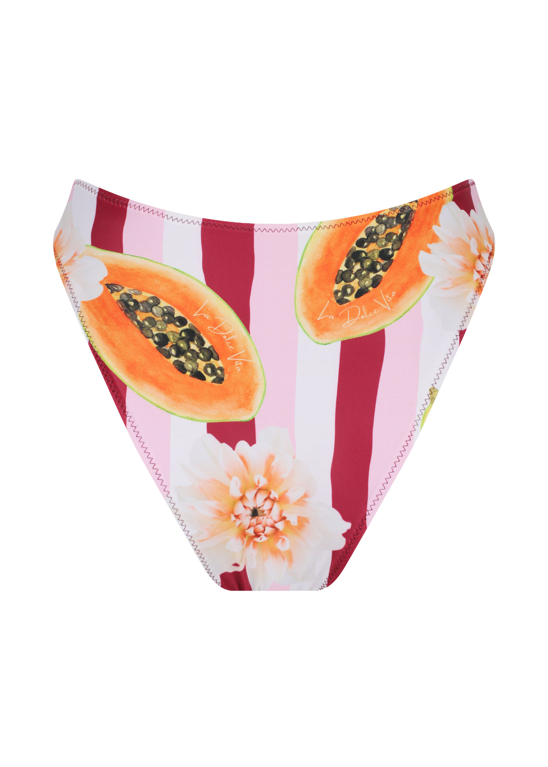 Back view of women's Dolce Vita Midi Bottoms bikini bottom V-shaped, mid-coverage with bold red and white vertical stripes, featuring vibrant tropical sliced papaya print and small flower accents below and on the sides, against a plain white backdrop