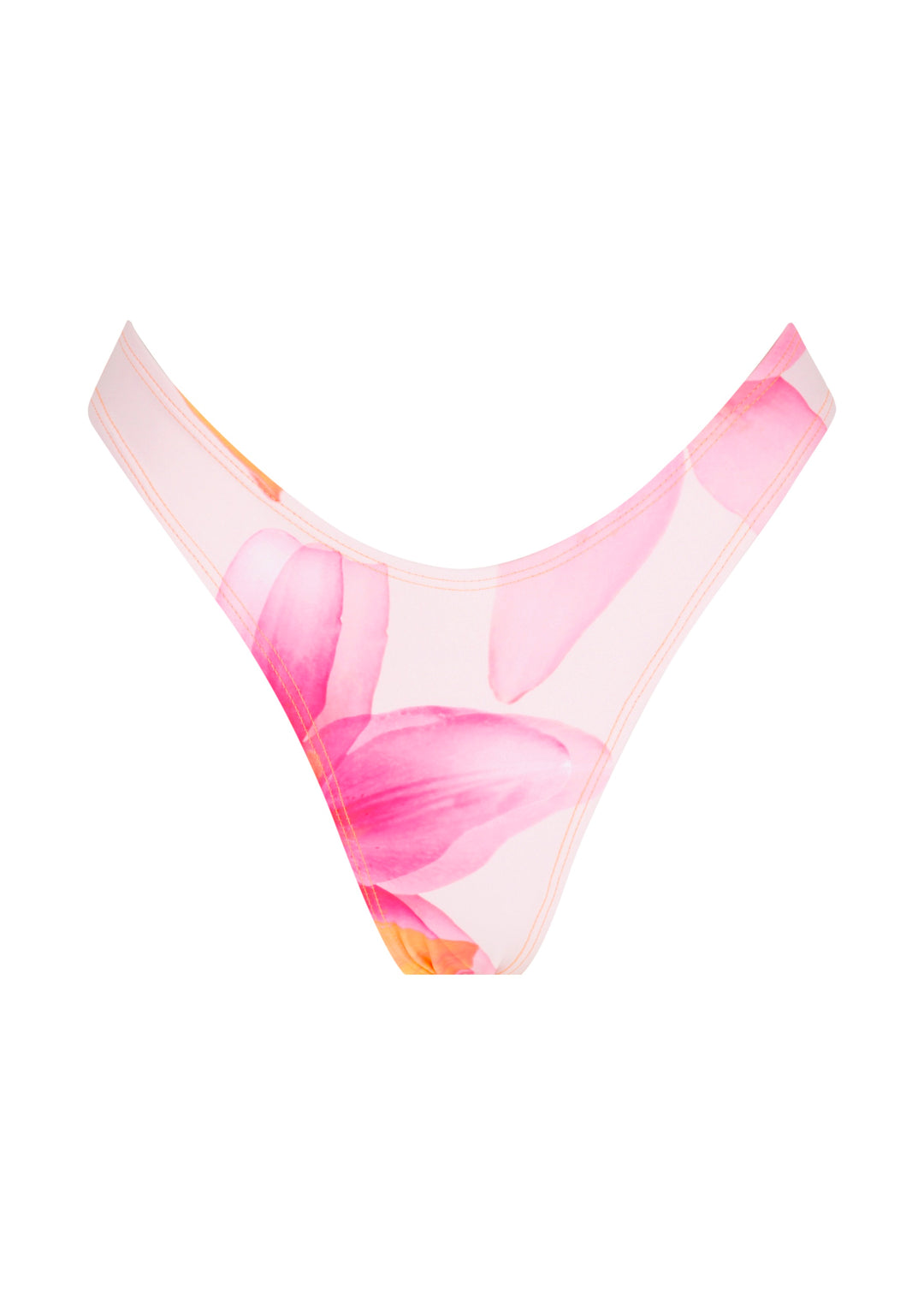 Lily Midi Bottoms in vibrant pink floral pattern on a light background with V shaping at the front mid-coverage bottoms against a white backdrop