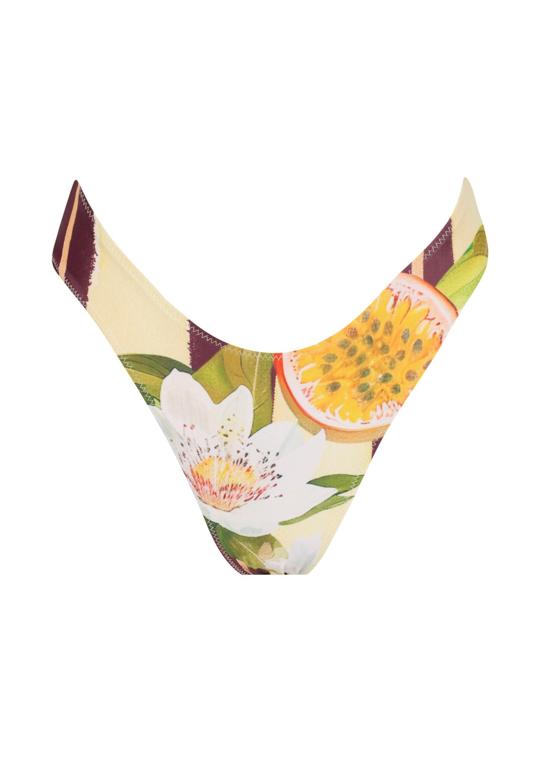 Front view of Passiontini Midi Bottoms in tropical passionfruit and floral print with yellow passionfruit halves, green leaves, and cream background. V shaped and mid coverage.