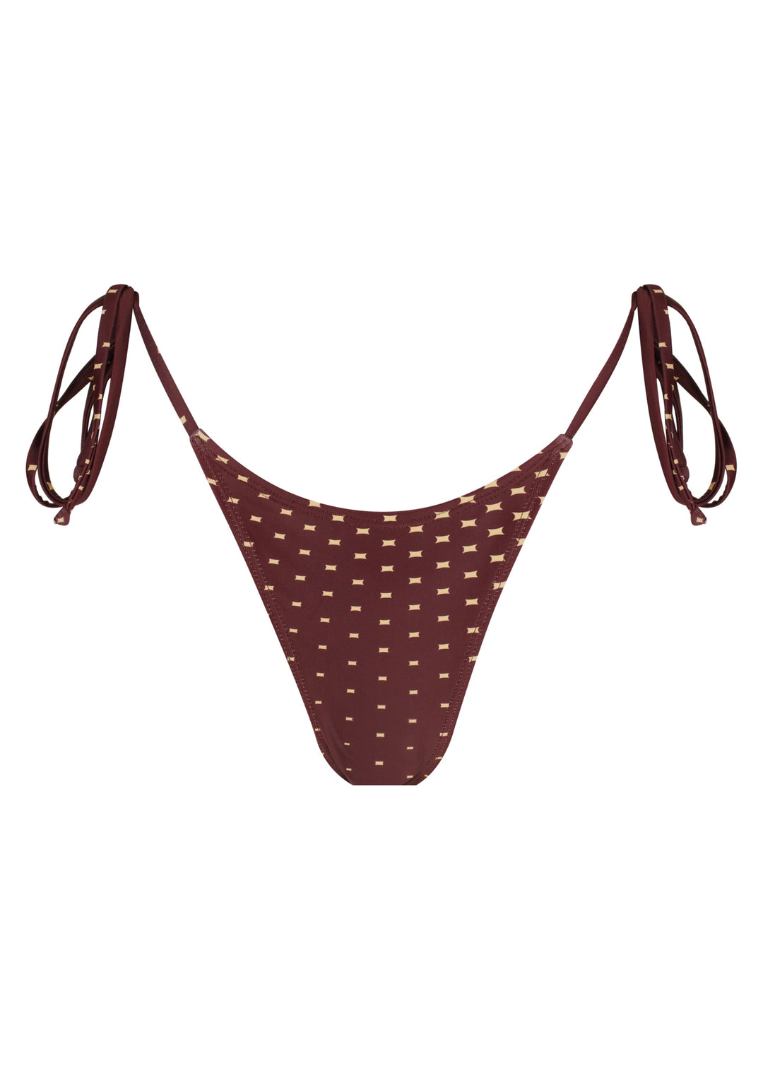 Dark brown Isla Classic Bottoms with a pattern of small beige four-pointed stars, classic triangle style with ties on the hips, cheeky coverage, against a white backdrop.